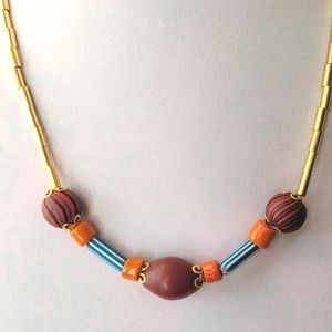 Handmade trade beads necklace gold tone beaded boho gold tone orange blue